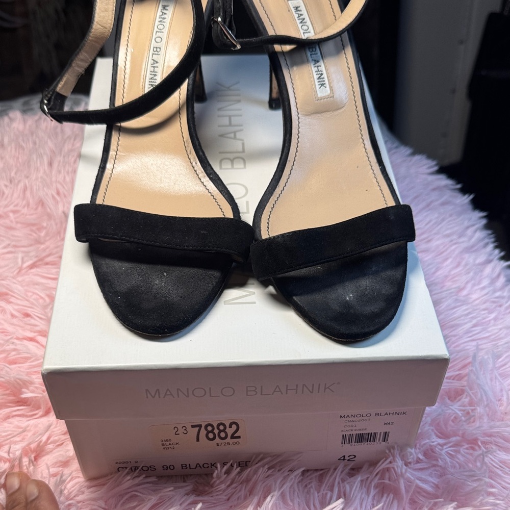 Manolo Blahnik Black Suede Open-Toe Ankle-Strap Heels